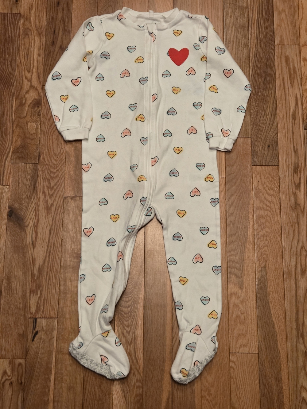 5/$20 Pekkle 24M White With Colorful Hearts Zip Up Footed Onsie Sleeper Pajamas